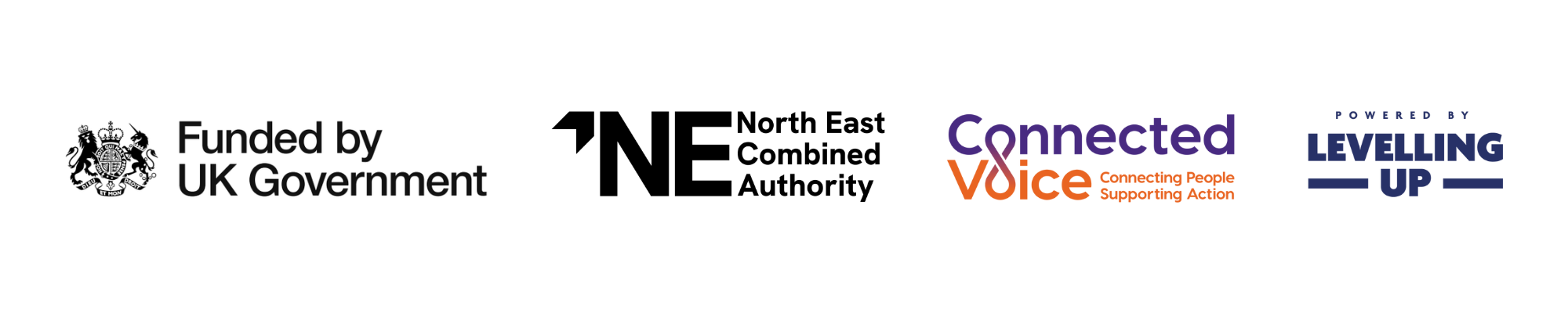 Logos for Funded by UK Government, North East Combined Authority, Connected Voice and Powered by Levelling Up