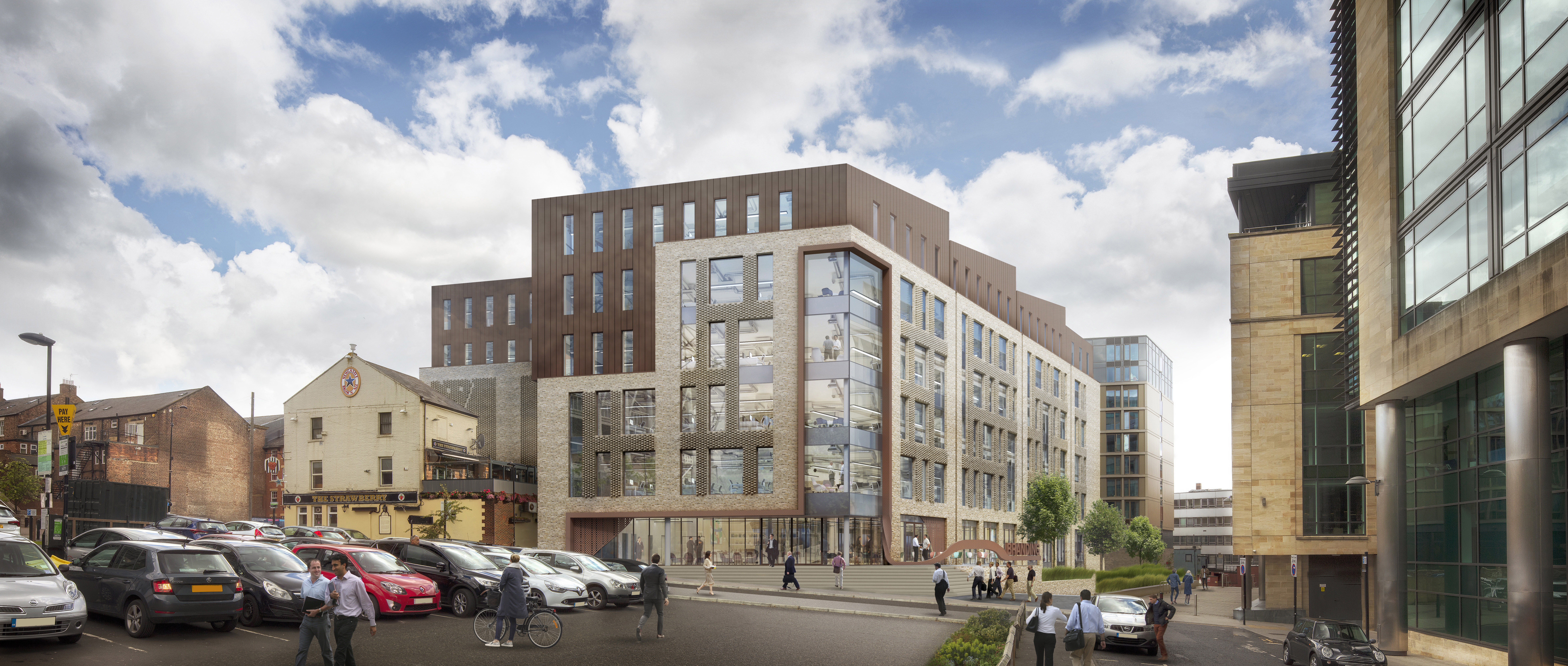 CGI image of the new outside of modern One Strawberry Lane office block next to the Strawberry pub