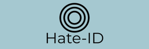 The logo advertising the Hate ID App, featuring three concentric black circles on a pale blue background, with the words 'Hate ID' underneath