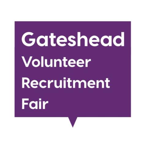 Purple box with the text Gateshead Volunteer Recruitment Fair